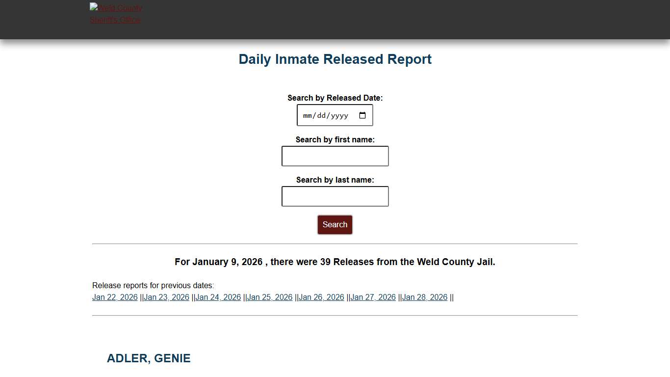 Weld County: Sheriff's Office Inmate Released Report